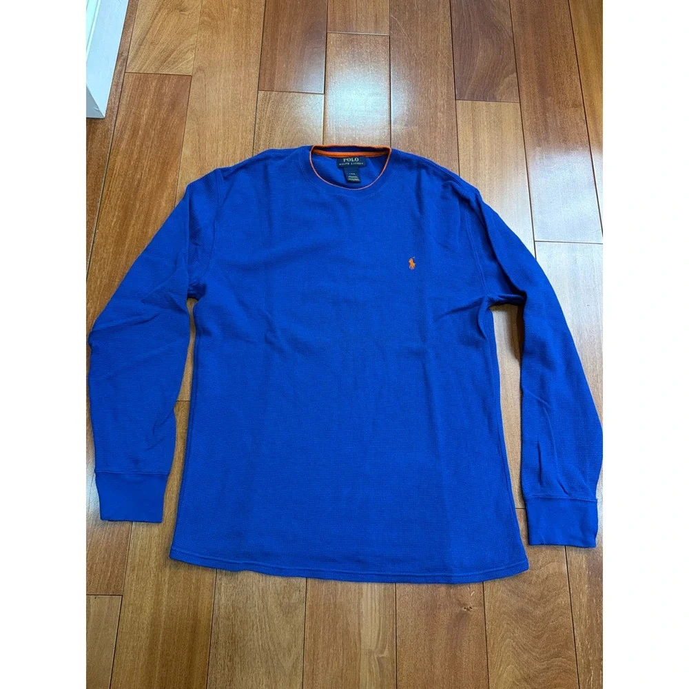 Polo Ralph‎ Lauren Thermal Shirt Mens Blue Orange Waffle Knit Long Sleeve Large
